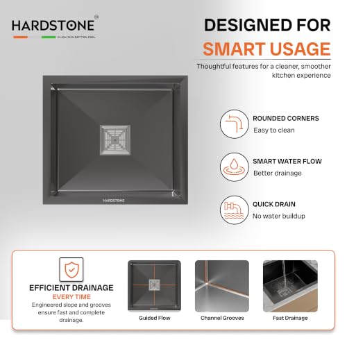 Image of HARDSTONE Premium Kitchen Sink | Single Bowl 16x18x9 Inch | Handmade Heavy Duty Stainless Steel Wash Basin with Matte Black Finish | Includes Waste Hose Pipe, Coupling & Compact Drying Rack | Black