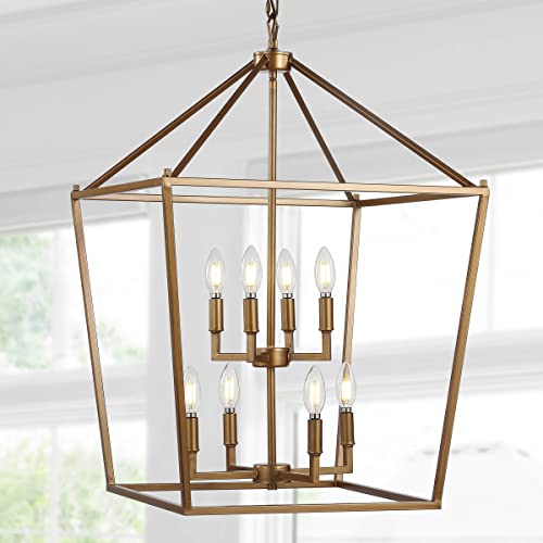 Image of JONATHAN Y Pagoda 8-Light Pendant 20 inch Cage, Antique Gold | Traditional Metal Farmhouse Hanging Lantern Ceiling Fixture, Adjustable Chain Link, For Kitchen Island, LED Bulb Included