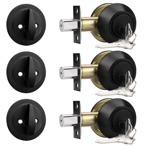 Probrico Set di 3 chiavistelli a cilindro singolo, colore nero, con chiave su un lato, per porte esterne e interne, tutte con chiave unica