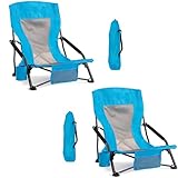 Foristrail Portable Folding Beach Chair for Adults Set of 2- Lightweight Low Back Sling Chair with Cup Holder & Storage Pocket, 300lbs Capacity Camping Chair for Outdoor, Lawn, Concert, Travel (Blue)