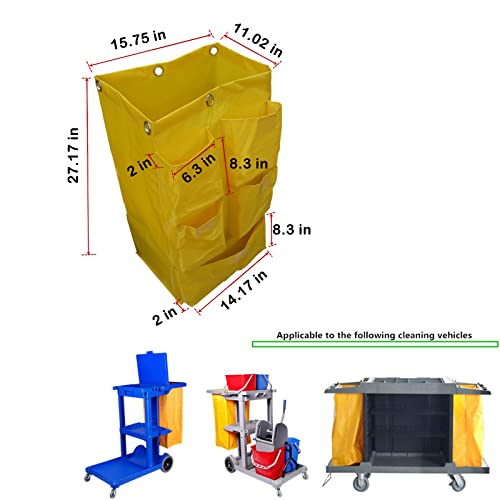 Image of Replacement Janitorial Cart Bag, High Capacity Waterproof Thickened Housekeeping Commercial Janitorial Cleaning Cart Bag with 6 Brass Grommets - 25 Gallon (Yellow with 5 Pockets)