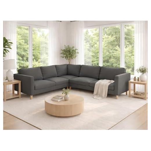 The Dense Durable Cotton Karlstad Corner Sofa Cover ( 2+3 / 3+2 ) Replacement, is Custom Made for IKEA Karlstad Sectional Slipcover Replacement (Pure Dark Gray)