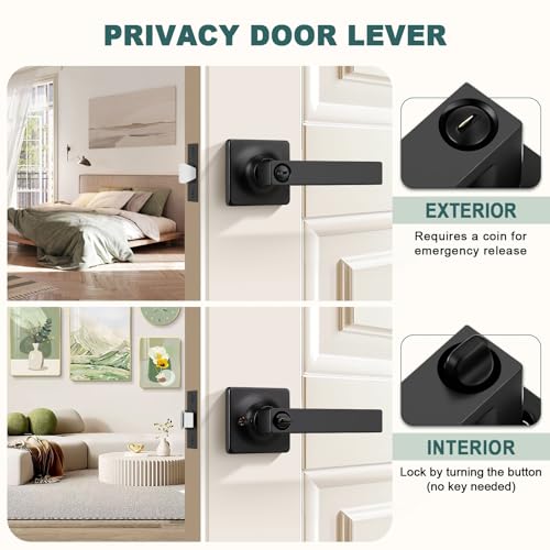 Image of GOBEKOR 1 Pack Square Privacy Door Levers Matte Black Lever Door Handles Interior for Bedroom and Bathroom Door Locks Straight Door Handles