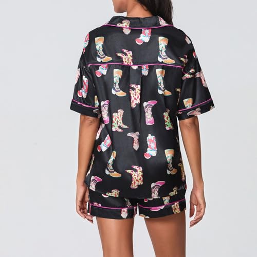 Image of Yiulangde Cowboys Boot Pajamas for Women Y2k 2 Piece Heart Bow Preppy Pjs Coquette Short Sleeve Shirts Matching Pj Shorts Set
