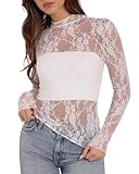 Lace Layering Top for Women Sexy Mesh Top Slim Fitted Long Sleeve Shirts White Floral XL