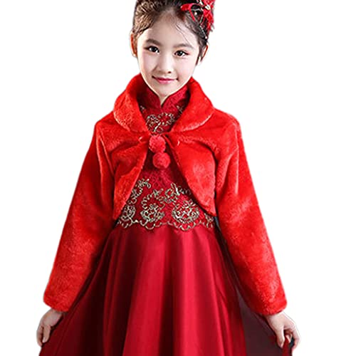 Kids Princess Thicken Plush Wrap Shawl Flower Girls Long Sleeve Capelet Shrug C Red