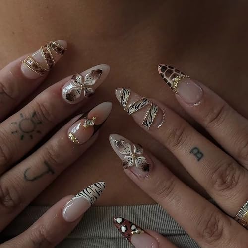 Black French Tip Almond Press on Nails Medium Length Fake Nails with Design 3D Flower Bead Glue on Nails Brown Acrylic False Nails Artificial Full Cover Nail Art for Women 24 Pcs
