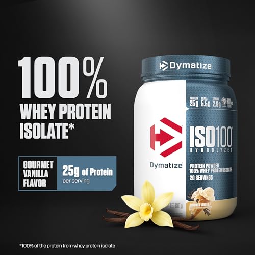 dymatize iso100 whey protein powder isolate gourmet vanilla 25g of protein 55g bcaas less than 120 cal gluten free 1g fat 1g sugar 2g carb 20 servings