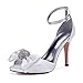 Damen Bogen Strass Satin Brautschuhe für Hochzeits Abend Party Pfennigabsatz Knöchelriemen Pumps,Weiß,37 EU