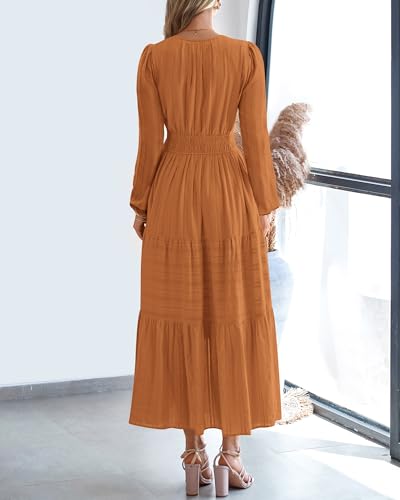 BTFBM Fall Dresses for Women 2025 Casual Long Sleeve V Neck Elastic Waist Lightweight Maxi Wedding Guest Dress Pockets