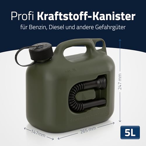 Hünersdorff Kraftstoff-Kanister Profi 5L für Benzin, Diesel und andere Gefahrgüter, UN-Zulassung, Made in Germany, TÜV-geprüfte Produktion, oliv