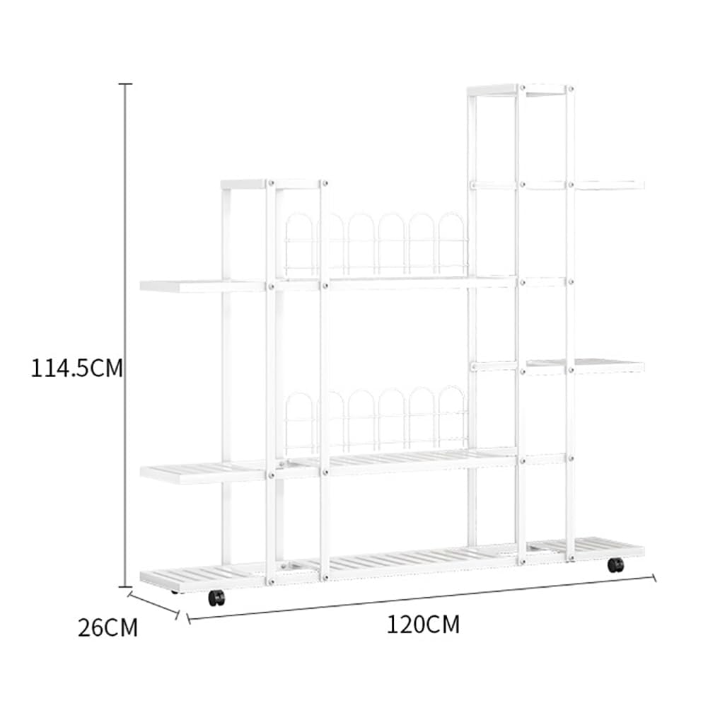 Support pour Plantes 11 Niveaux en métal,Étagère à Plantes intérieur sur 4 Roulettes Amovibles,Rangement pour plantes/présentoir à plantes pour jardin,balcon,parlor(120X114X26cm,Blanc)