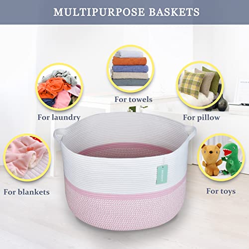 Image of Cotton Rope Basket for Girls Kids, 87L Laundry Hamper, White & Pink