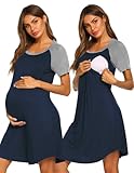 Ekouaer Nursing Nightgown Short Sleeve Nursing Gown 3 In 1 Maternity Nightgown Breasfeeding Sleepwear Delivery Dress Dark Blue