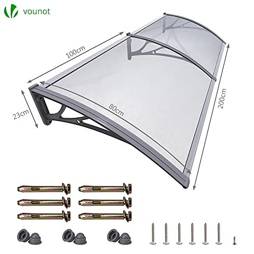 VOUNOT Vordach für Haustür 200 x 80 cm, Überdachung Haustür aus Aluminium und Polycarbonat, Transparentes Pultbogenvordach, Pultvordach, Grau