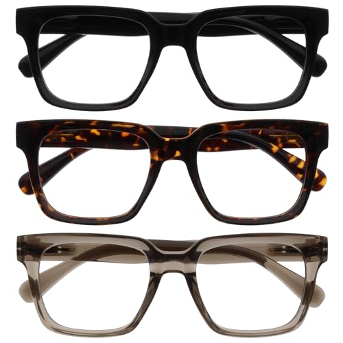 Image of OPULIZE ERA Blue Light Blocking Reading Glasses for Women Men, Oversized Frame with UV400 Protection and Anti-Reflective, Anti-Glare Computer Glasses, Black Brown Grey +1.50 (Pack of 3)