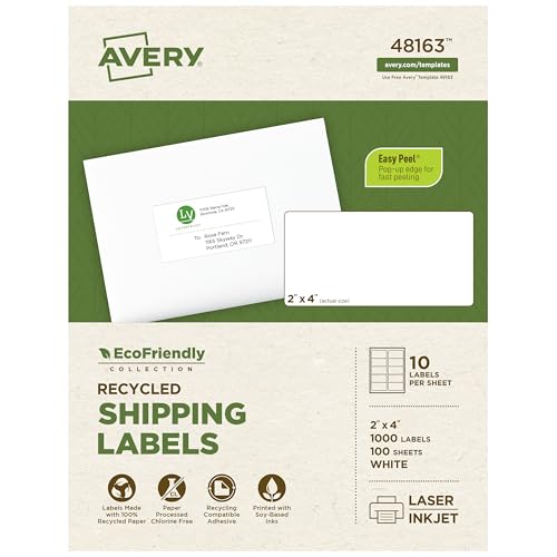 Image of Avery EcoFriendly Recycled Shipping Labels, 2 inch x 4 inch, White, Permanent Adhesive, Laser & Inkjet Printers, 1,000 Total, Great for Shipping and Mailing, Product Merchandising, and More (48163)