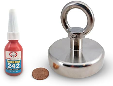 Brute Magnetics | 600 lb Pull Force Huge Rare Earth Neodymium Fishing Magnet | 2.95" Single Sided Powerful Magnet, Eyebolt + Threadlocker | Strong Magnets for Fishing in Lakes or Rivers
