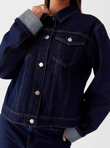 Women's Classic Collared Folded Cuffs Dark Indigo Denim Jacket4