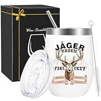 Weihnachtsgeschenke für Jäger, Jagdgeschenke für Frauen & Männer, Hirsch-Tasse mit Jäger Haben Viel Zeit, Edelstahl-Weinbecher, Thermobecher-Geschenkset mit Strohhalm, Strohhalmbürste & Geschenkbox