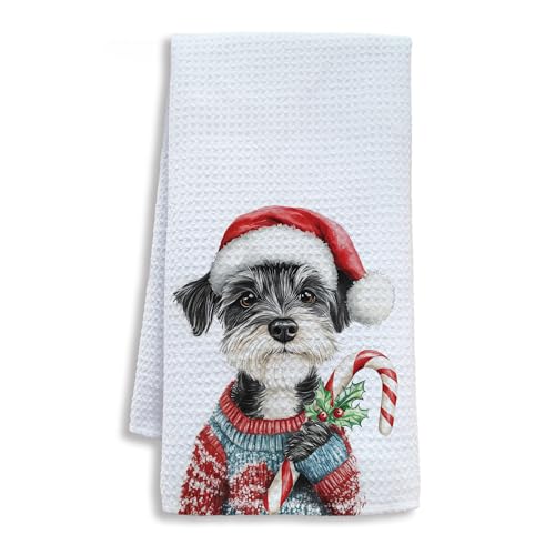 Image of Christmas Schnauzer Kitchen Towels, Schnauzer Gifts for Women Men Dish Tea Towels, Funny Candy Cane Dog Decorative Hand Towel for Bathroom Decor, 16x24 Inch