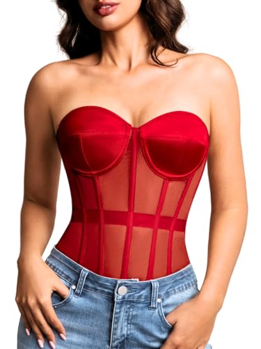 Image of Kaei&Shi Sheer Mesh Overbust Corset,Sexy Strapless Lace Up Satin Bra Corsets Top For Women Shapewear