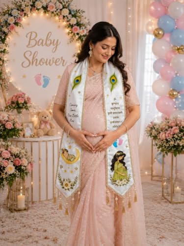 Image of Mom to Be Baby Shower Dupatta for Godh Bharai and baby shower Stoles with Bal Krishna Print, Ceremonial Festive Seemantham Functions FREE Shreenathji Brooch Pin for Dad to Be