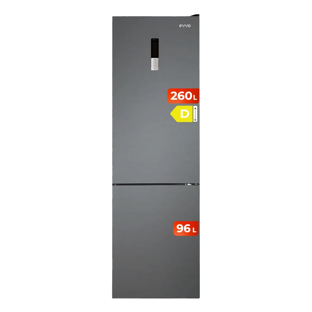 EVVO Frigorífico Combi No Frost, Capacidad Frigorífico 257 L Congelador 94 L, Motor Inverter, 60cm de Ancho, Clase energética D, Multi Air Flow, Luz Interior LED, Panel LED táctil (F60DX, Dark Inox)
