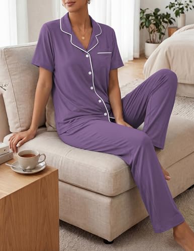 Image of ZMJ Womens Pajamas Sets 2 Piece Button Up Pj Sets Short Sleeve with Long Pant