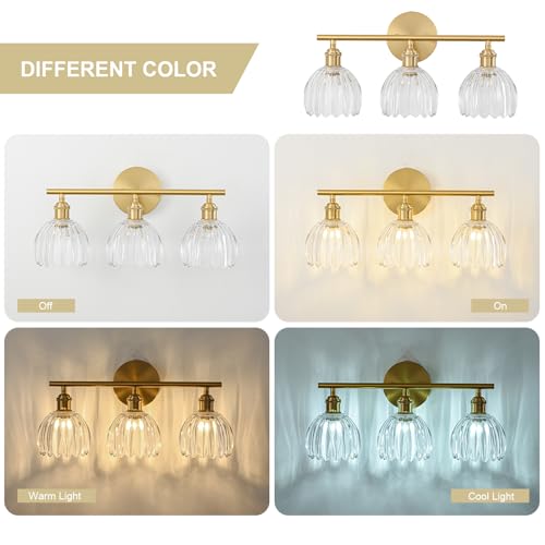 Image of Gold Bathroom Light Fixtures Over Mirror, 3 Light Bathroom Vanity Light with Tulip Transparent Glass Lampshade, Vintage Vanity Lights for Bathroom, Bathroom Vanity Lights Over Mirror