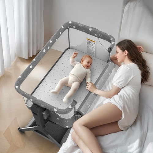 Image of BIUSIKAN 3 in 1 Baby Bassinet, Rocking Bassinet Bedside Sleeper with Comfy Mattress and Breathable Mesh, 6 Height Adjustable & Upgraded Wheels Portable Bedside Crib for Newborn