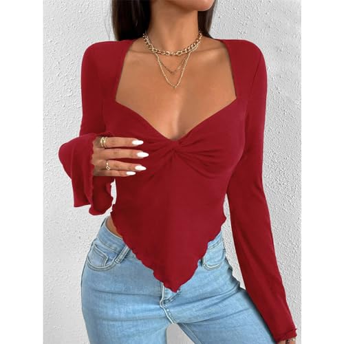 Blusa de Manga Comprida Com Decote Em V, Bainha Irregular, Adequada para a Pele, Feminina, Decote Em