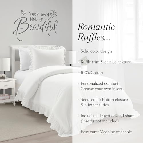 Image of Lush Decor Reyna Ruffle Cotton Duvet Cover Set 2 Piece Set Twin XL, White - Cute Teen Bedding Set - White Duvet - Ruffled Bedding - Coquette Dorm Decor