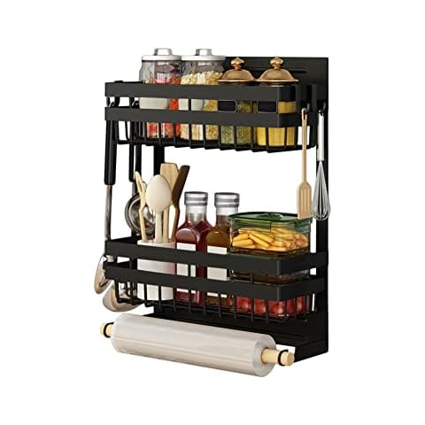 Redwestmelon Magnetic Fridge Spice Rack 3 Tier Kitchen Condiment Seasoning Storage Organizer Shelf, Refrigerator Side Rack with Paper Towel Holder and 4 Removable Mobile Hooks Cover