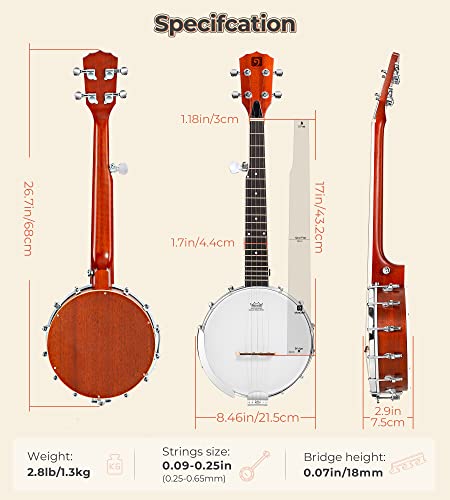 Image of Vangoa 5 String Banjo 26 Inch, MINI Travel Banjo Beginner Kit with Remo Head, Open Back & Closed Solid Back with beginner Kit, Comfortable Carrying Bag