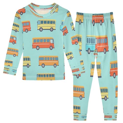 Vozoza Retro Blue Bus Pajama Sets Long Sleeve Top with Pants Cotton Soft Sleepwear 2 Piece Pjs Set Size 3T