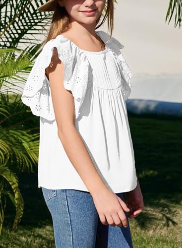 Girls Summer Ruffle Short Sleeve Shirts Tops Casual Pleated Square Neck Blouse 6-15 Years4