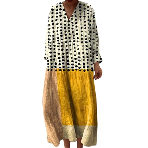 Robe Ete Femme Mi Longue Fluide Coton Chemise Robes Manches Longues Ample Casuel A-Line Imprimé Fleur Robes Col V Ronde Bohème Robe De Soiree Femme Vintage...