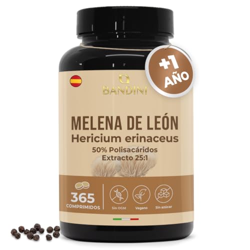 Bandini® Melena de León 2000mg de Concentración 365 Comprimidos Veganos (+1 Año de Suministro) - Extracto de Hongo Lions Mane o Hericium Erinaceus con Pimienta Negra de Alta Absorción, Sin OGM
