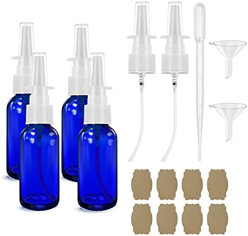 Nasal Spray Bottle Spray Glass Bottles 4Pcs 1oz (30ml) with Press Spray Head Refillable Portable Fine Mist, funnel, dropper,label, empty nose spray glass bottle blue nasal spray bottle
