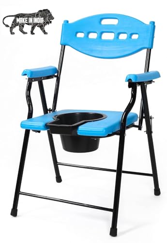 Image of Folding Elderly Disabled Man And Pregnant Woman Stainless Steel Shower And Bathing Room Mobile Commode Chair With Toilet Seat Comfortable Safe Toliet Stool Anti-Skid (Blue)
