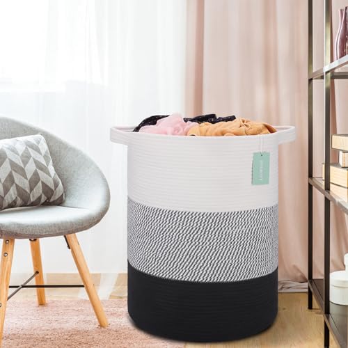 Image of Cotton Rope Blanket Basket, 72L Laundry Hamper, White& Gray& Black | 16 inchx 22 inch, Large Collapsible Woven Nursery Hamper with Sturdy Handles for Clothes Toys Towels, Bedroom Living Room Bathroom