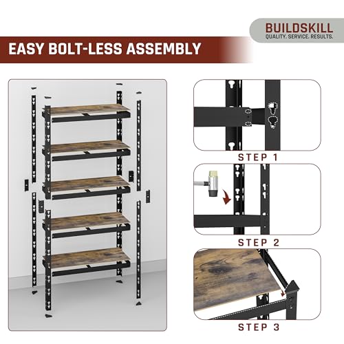 Image of BUILDSKILL 5-Tier Multipurpose Storage Rack | 67x28x12 Inch Bolt-Free Assembly Adjustable Rack | Oil & Water Friendly Dual-Side MDF Plywood Shelves | 175kg Load Per Shelf | Black Powder Coated Metal