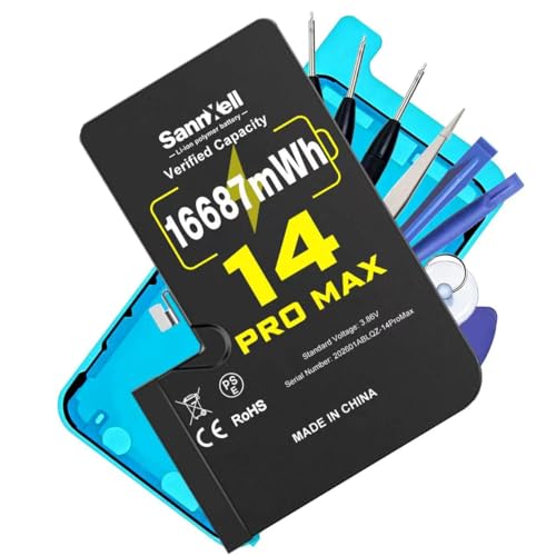 Sannxell Upgraded High Capacity Battery for iPhone 14 Pro Max Replacement 16687mWh 0 Cycle A2651 A2893 A2894 A2895 A2896 Model Ultra Long Lasting Li-ion Battery with Full Repair Tool Kit