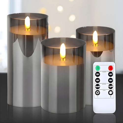 Image of Grey Glass Flameless Candles with Remote and Timer, Real Wax Candles Warm Flickering LED Pillar Battery Operated Candle Light for Halloween Wedding Party Home Decoration, Set of 3