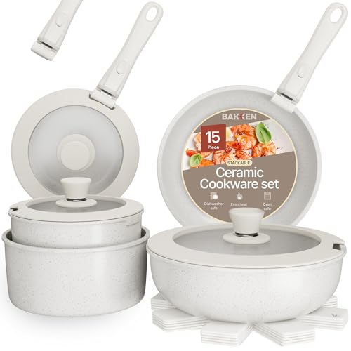 Image of Bakken 15-Piece Non-Stick Cookware Set with Detachable Handles – Granite Stackable Pots and Pans Set, Dishwasher Safe, Oven-Safe, and Compatible Kitchen Essential for All Stoves – Cream