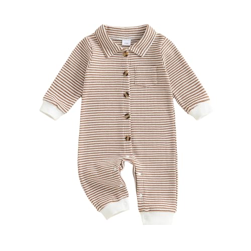 Newborn Baby Boy Clothes Stripe Collared Romper Waffle Knit Long Sleeve Button Up Jumpsuit Bodysuit Fall Winter Outfit