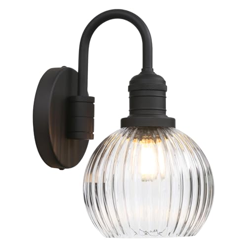 Image of Yosoan Boho Brass Vintage Bathroom Wall Sconce with Striped Shade, 1-Light Indoor Hardwired Vanity Wall Mounted Fixture with Double Hole Round Glass Lamp for Bedroom Kitchen Mirror Living Room(Black)