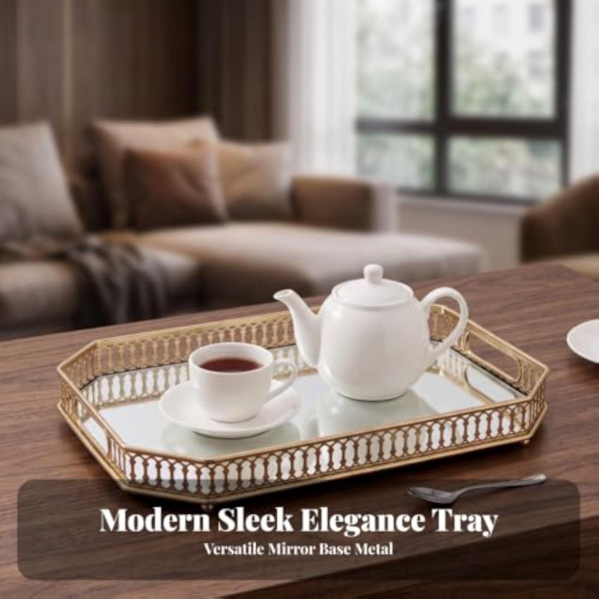 Gold Tray with Mirrored Glass Base, Decorative Vanity Tray