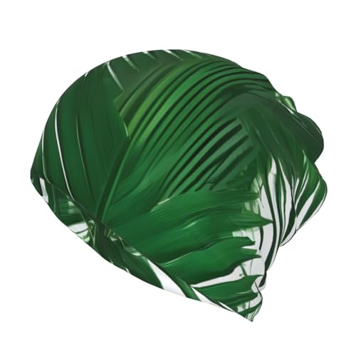 sttung Green Palm Leaf Print Multifunction Beanie Hat - Sports Open-Top for Ponytail,Convertible to Scarf/Bandana
